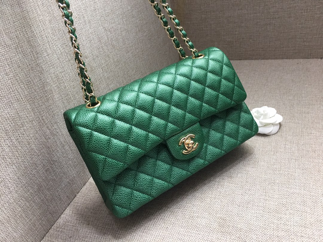 Medium Classic Flap Caviar Bag A01112 Green/Gold